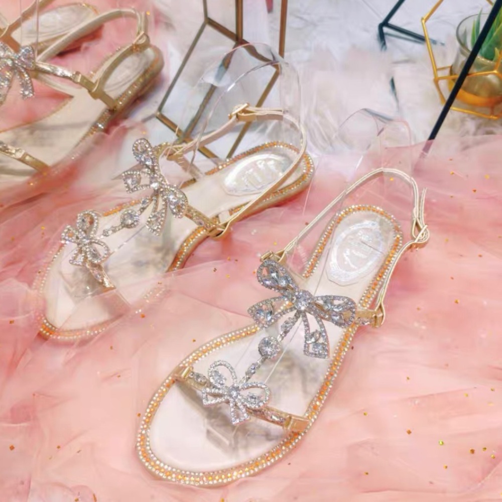 Flat bow tie rhinestone sandals